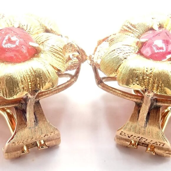 Authentic! Vintage Buccellati 18k Yellow Gold Carved Ruby Flower Earrings - Picture 9 of 12